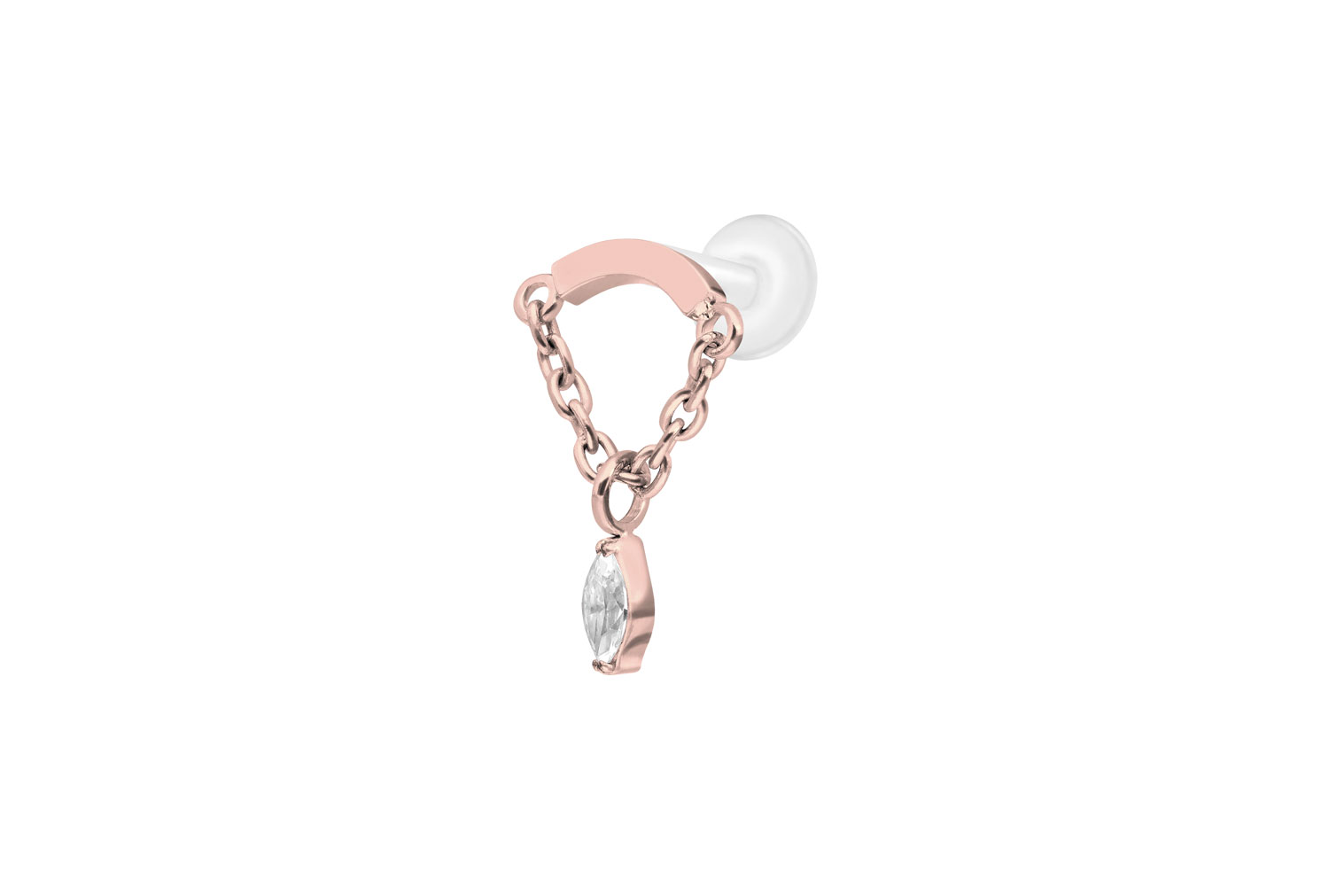 PTFE Labret Piercing mit Innengewinde + Titan-Aufsatz BOGEN + KETTE + KRISTALLTROPFEN